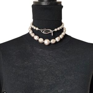 Vintage YSL Silver Faux Pearl Statement Necklace Signed Late 1990s